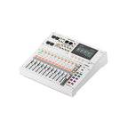 White digital mixing console with knobs, faders, colorful buttons, and display