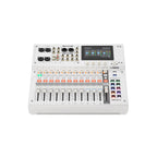 White 18-channel digital mixing console rear panel with jacks, knobs, and faders