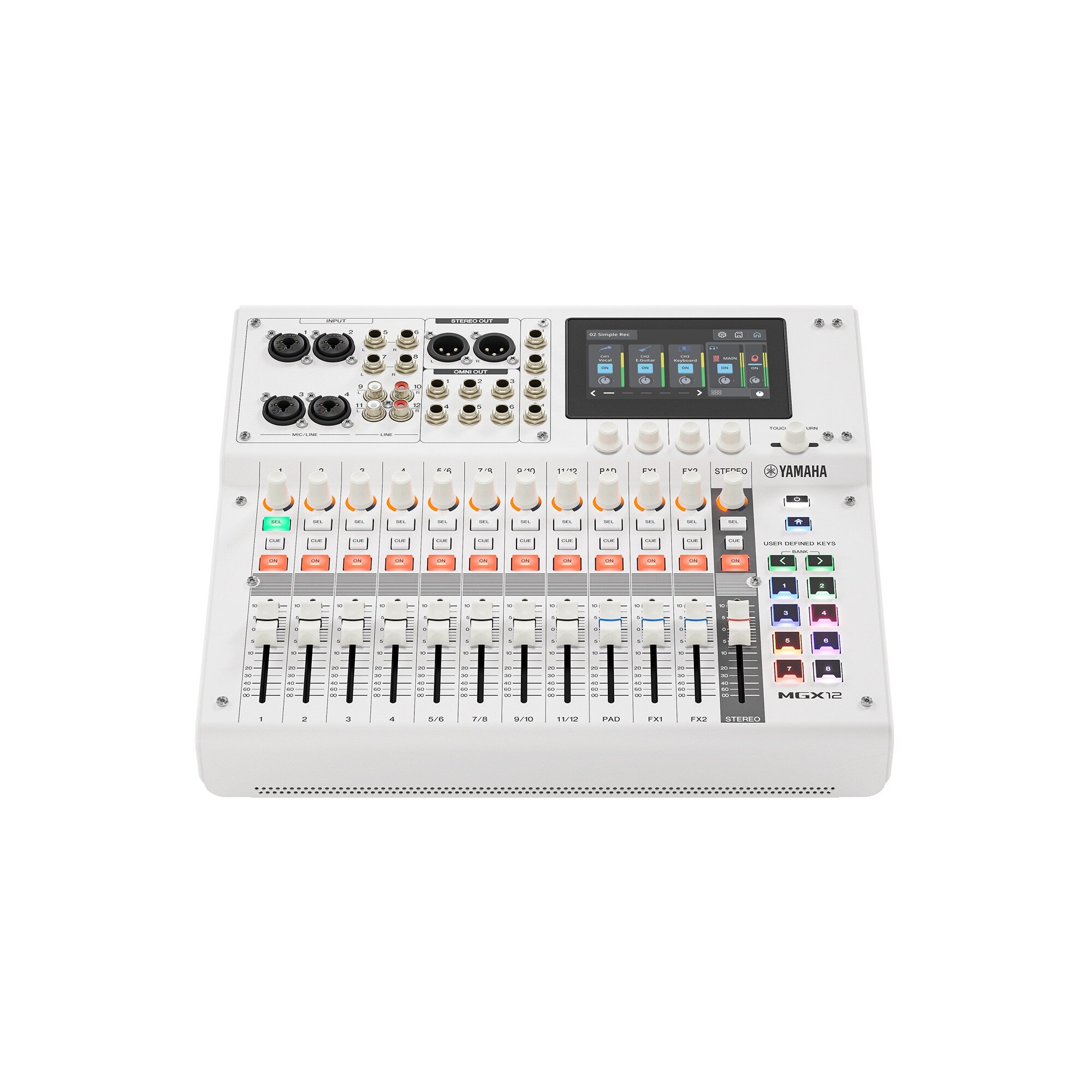 White 18-channel digital mixing console rear panel with jacks, knobs, and faders