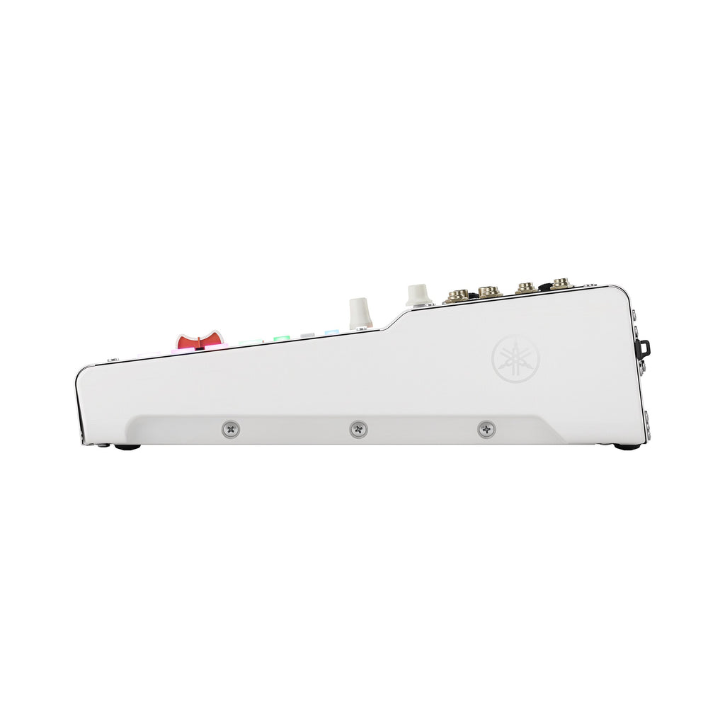 White digital mixing console with top controls and rear connection ports