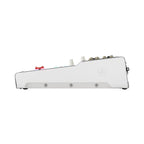 White digital mixing console with top controls and rear connection ports