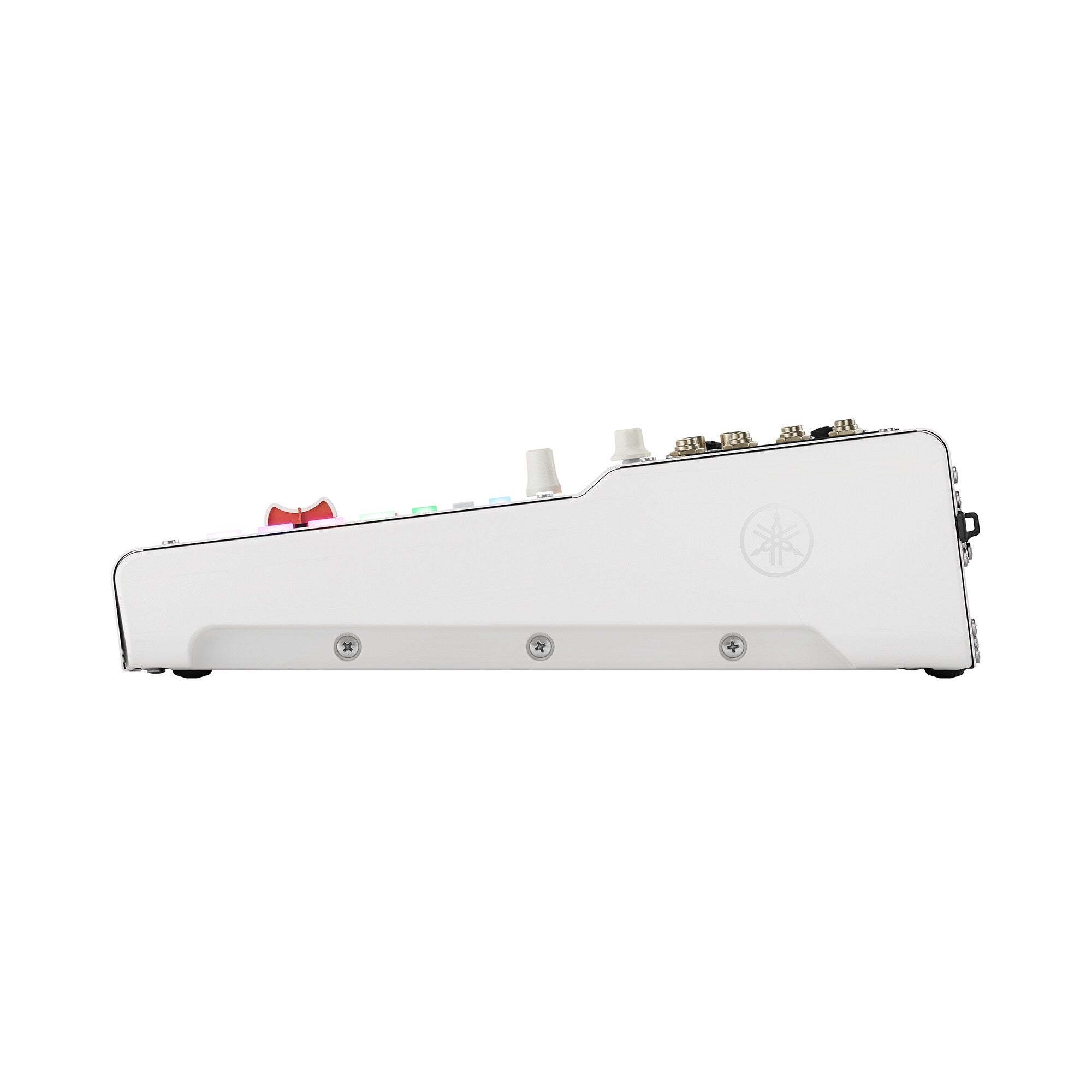 White digital mixing console with top controls and rear connection ports