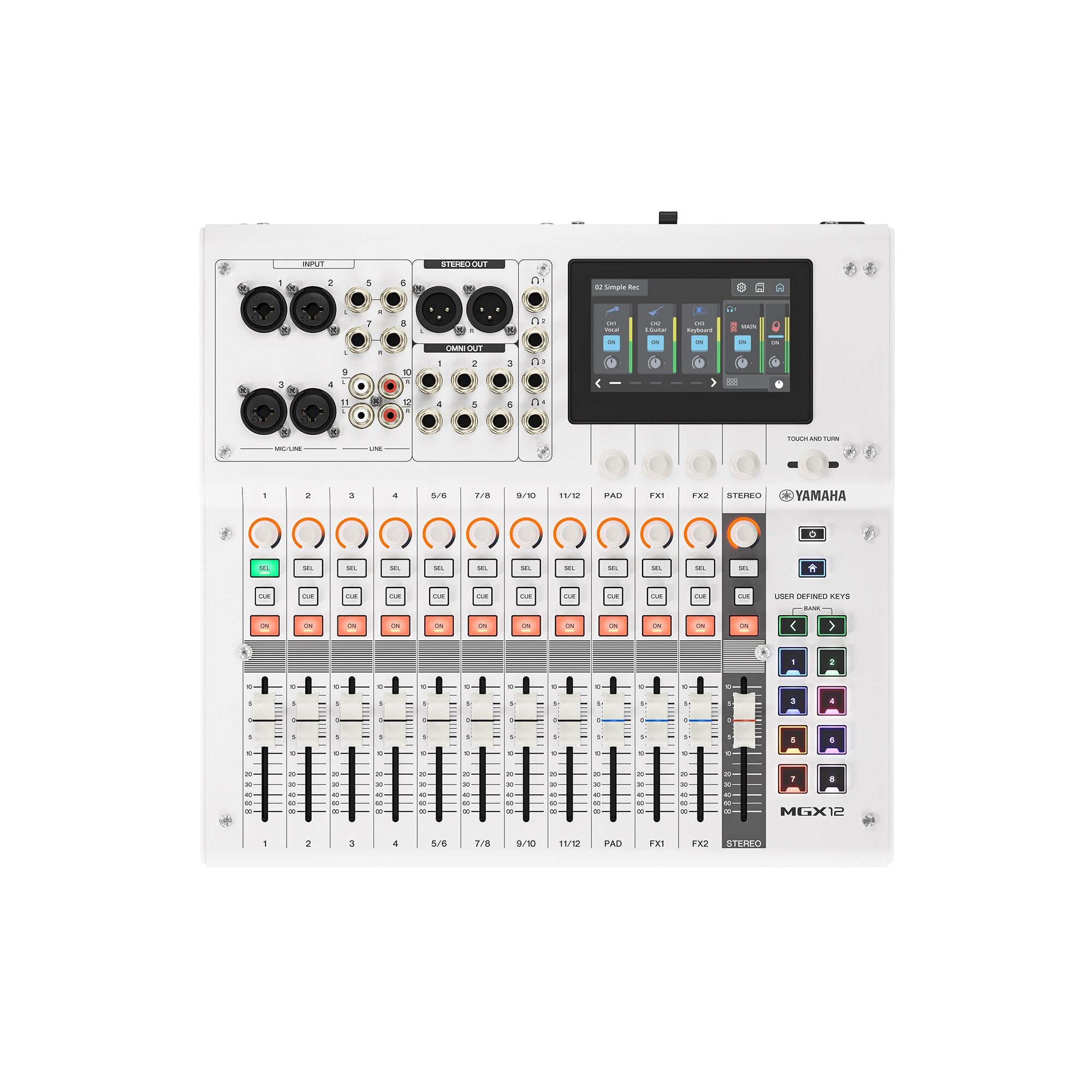 White 18-channel digital mixing console rear panel with ports, faders, and touchscreen