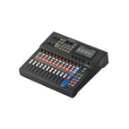Black digital mixing console with faders, colorful channel buttons, and touchscreen