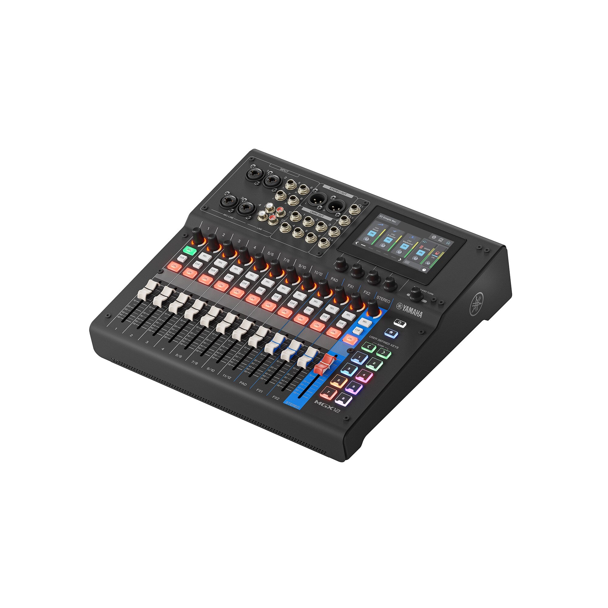 Black digital mixing console with faders, colorful channel buttons, and touchscreen