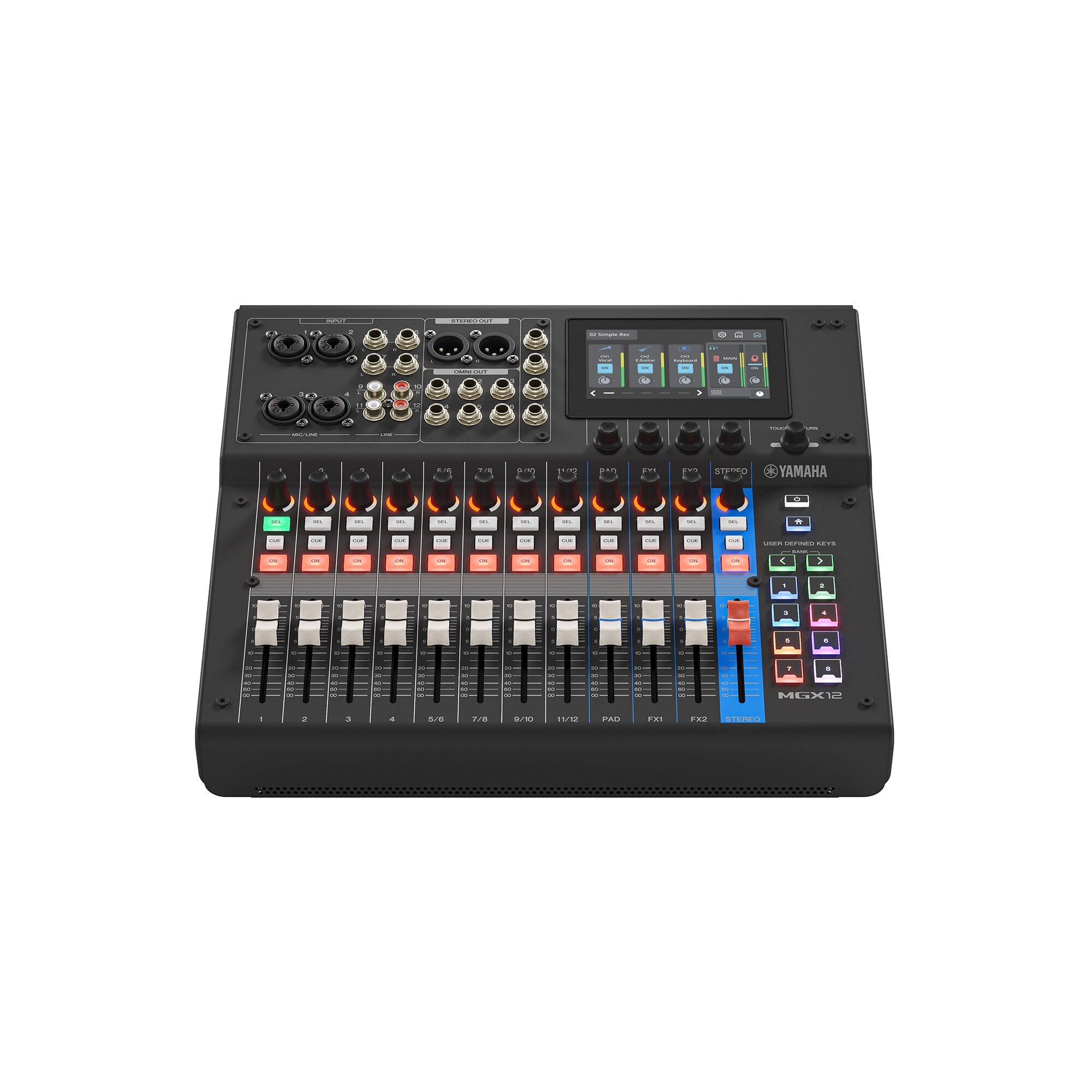 Black 18-channel digital mixing console rear panel with touchscreen and channel controls