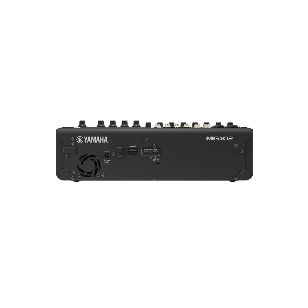 Black digital mixing console with side controls, knobs, and MGX12 marking