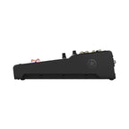 Black digital mixing console with top controls and rear connection ports