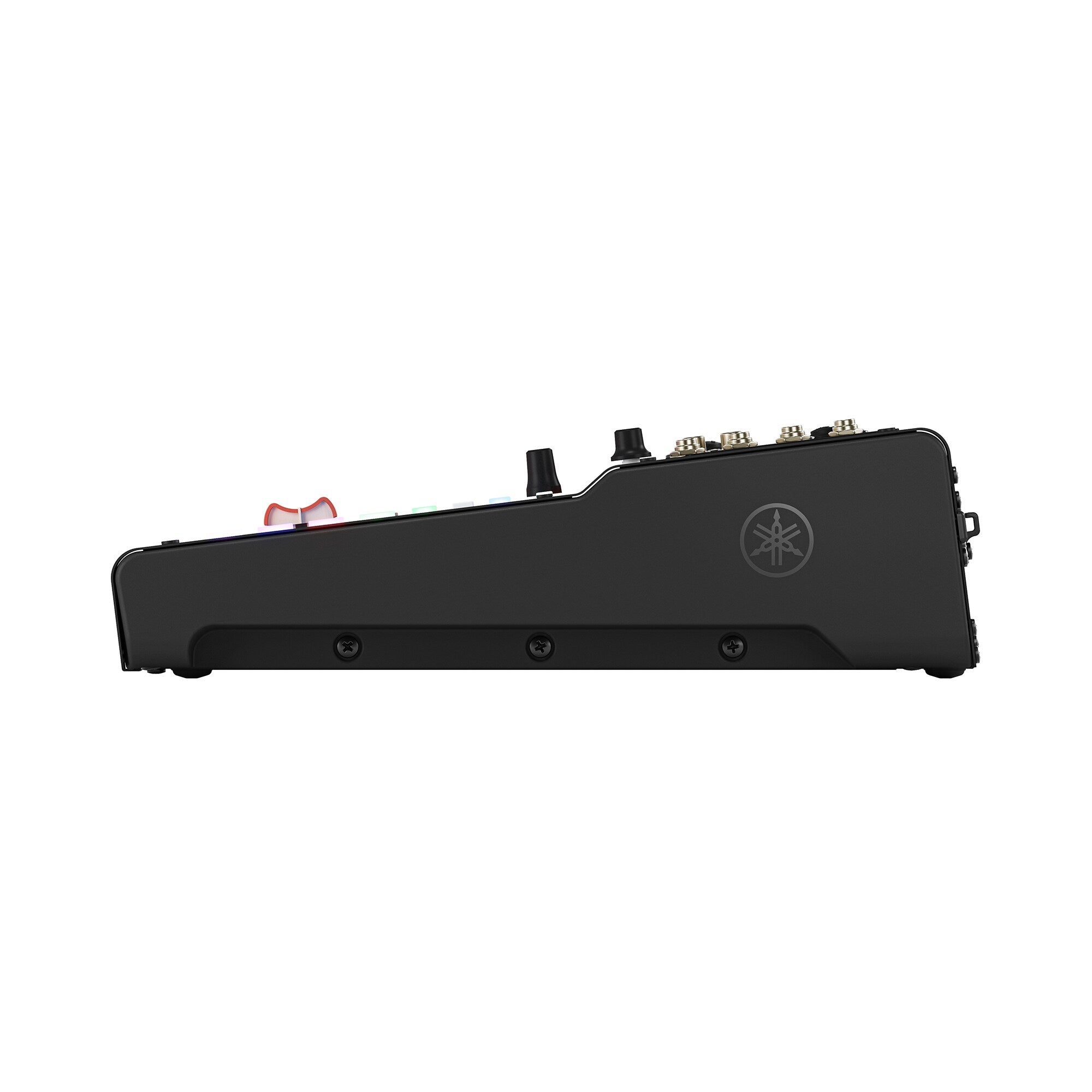 Black digital mixing console with top controls and rear connection ports