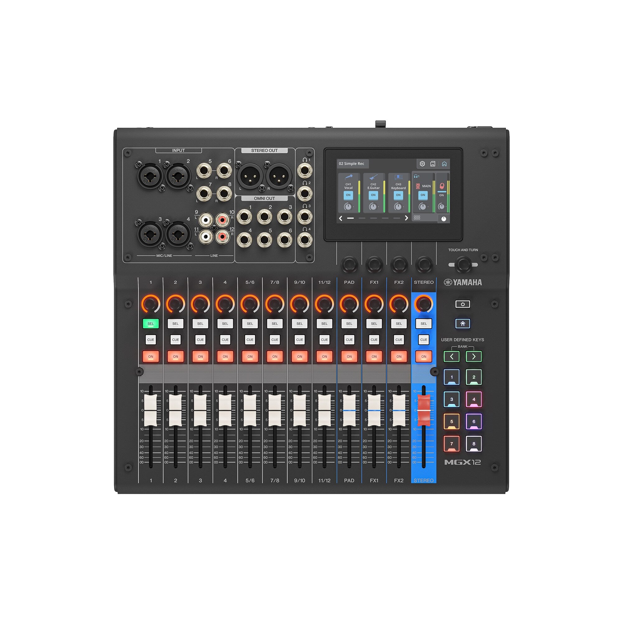Black 18-channel digital mixing console rear panel with audio ports and touchscreen