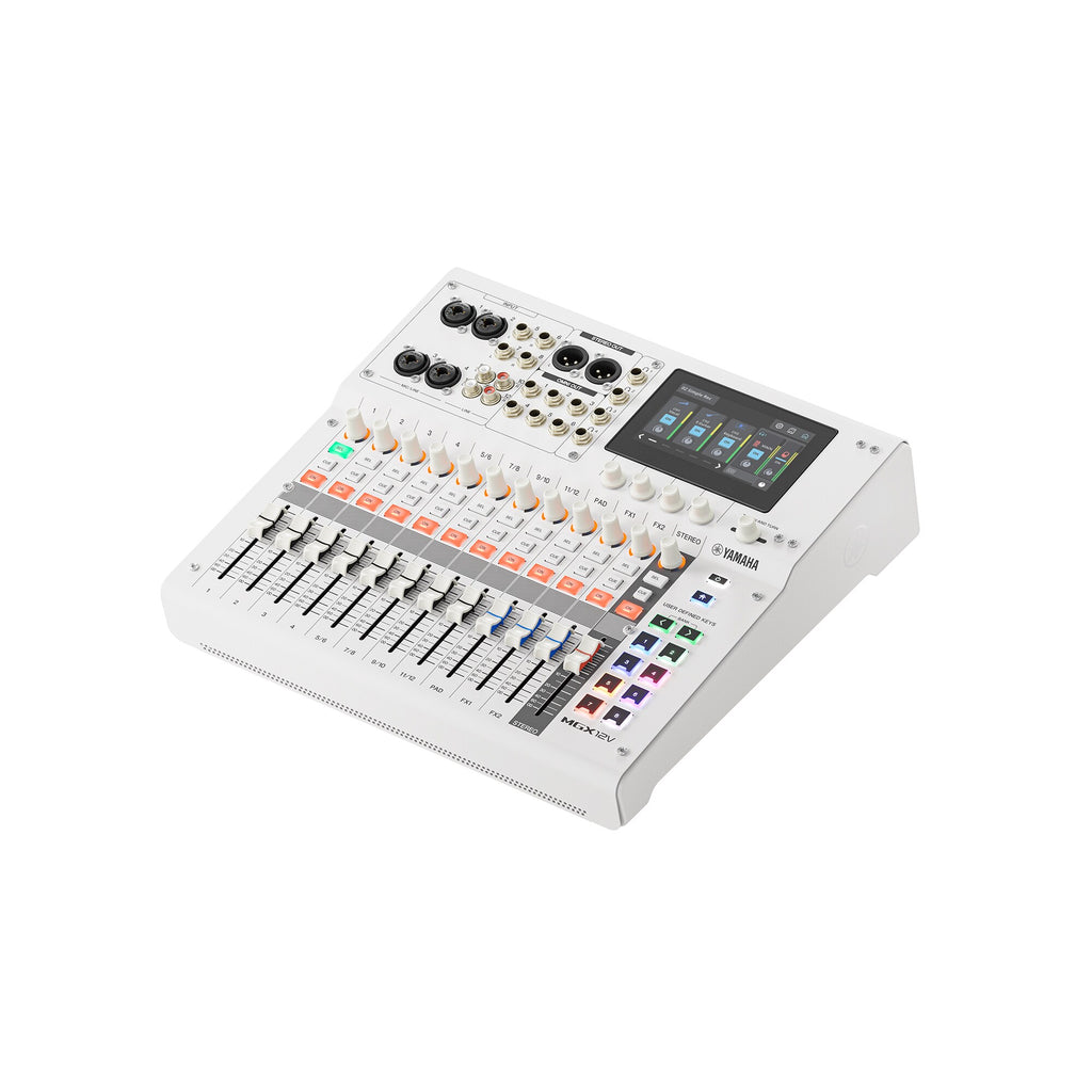 White digital mixing console, top panel with input jacks, faders, and built-in screen