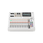 White digital mixing console, top view with orange channel buttons, faders, and screen