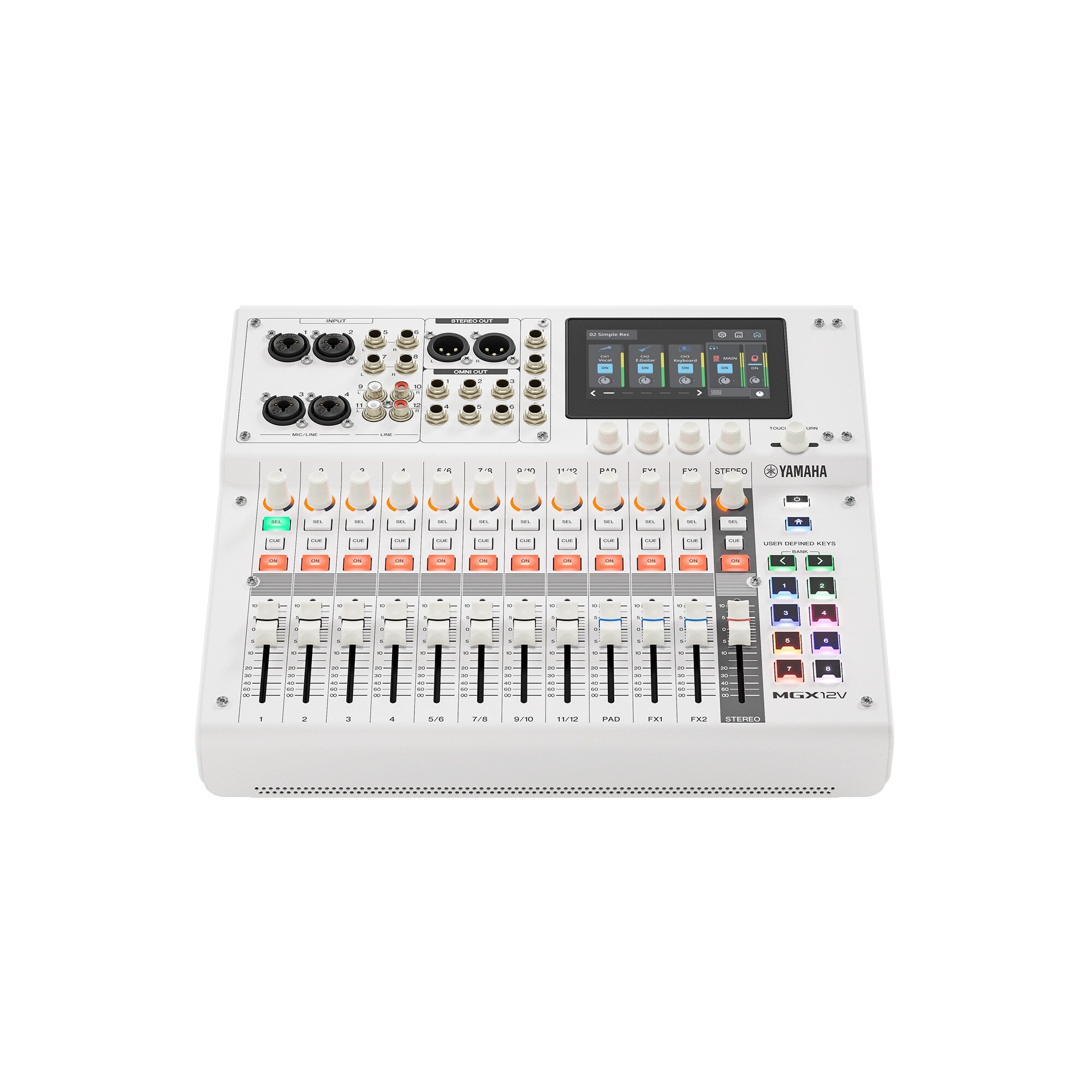 White digital mixing console, top view with orange channel buttons, faders, and screen