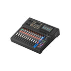 Black digital mixing console, angled top view with faders, knobs, and color interface screen