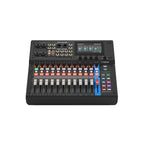 Black digital mixing console, top controls with orange faders, knobs, and color display