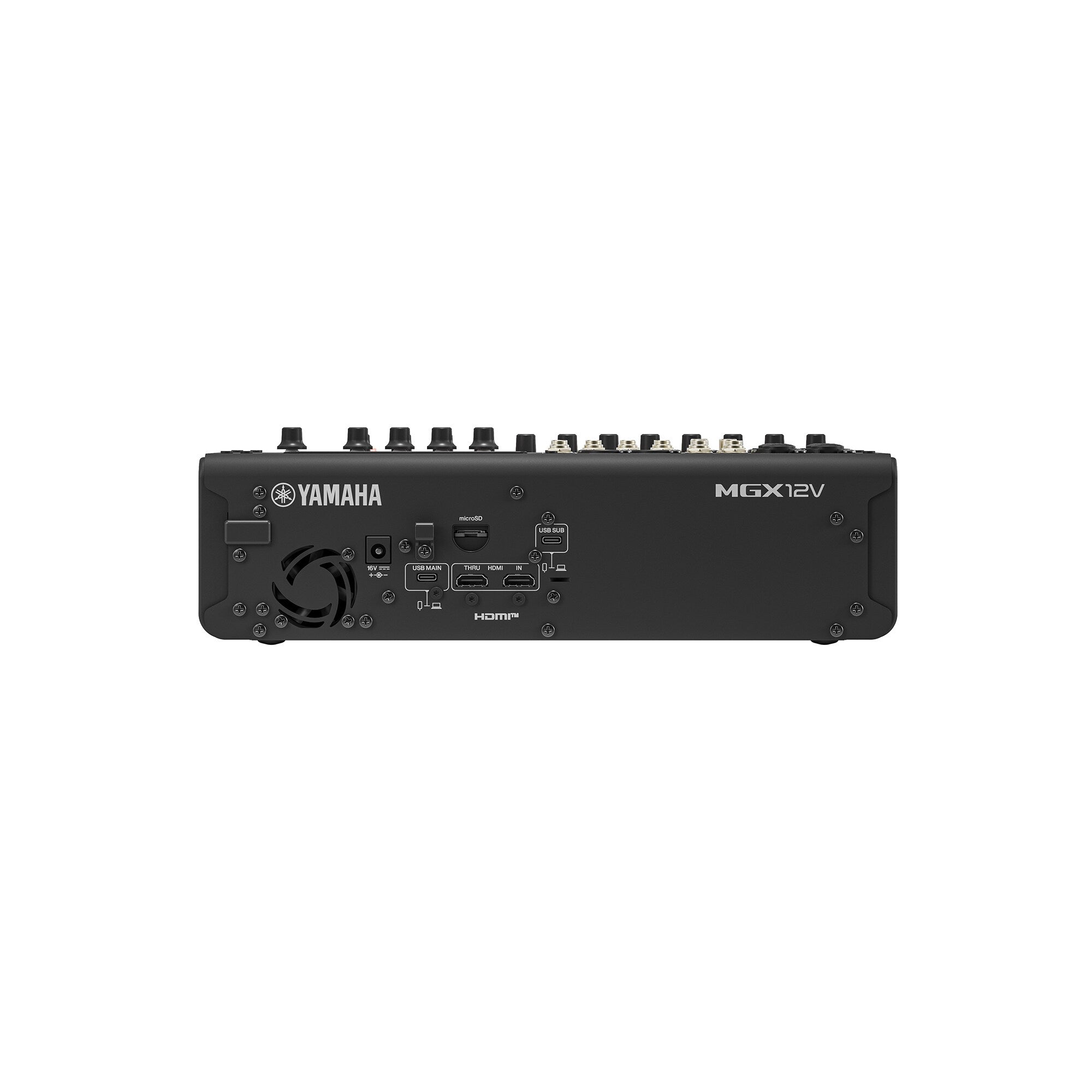 Black Yamaha MGX12V digital mixing console, front view with dial and display area