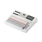 White MGX16 digital mixing console angled top view with colored channel controls