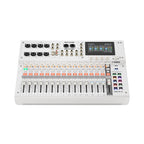 White MGX16 digital mixing console top view with faders, knobs, and display