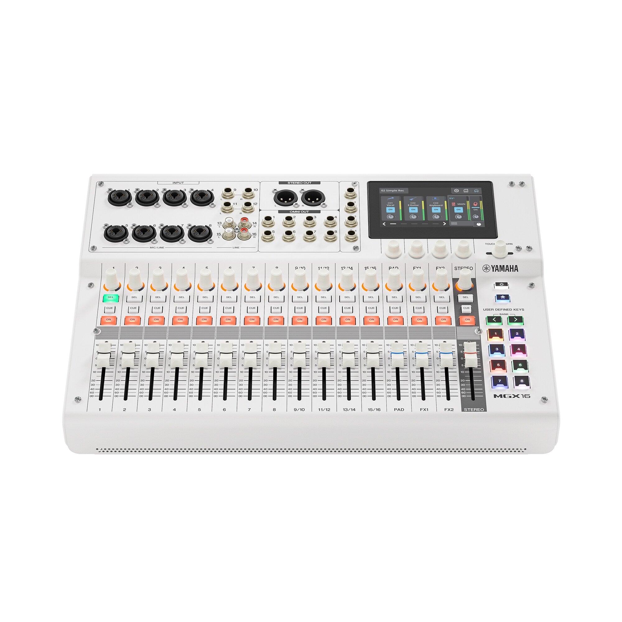 White MGX16 digital mixing console top view with faders, knobs, and display