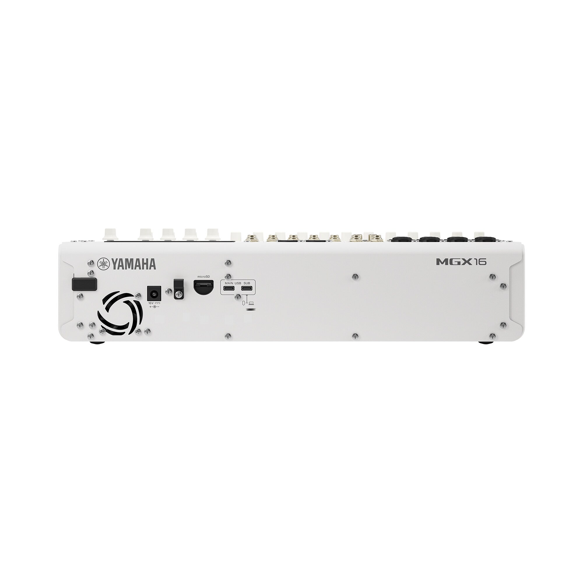 White digital mixing console with Yamaha MGX16 panel and side controls