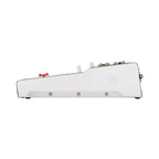 White digital mixing console side edge with connectors on Yamaha MGX16