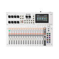 White Yamaha MGX16 digital mixing console top view with faders, knobs, and display