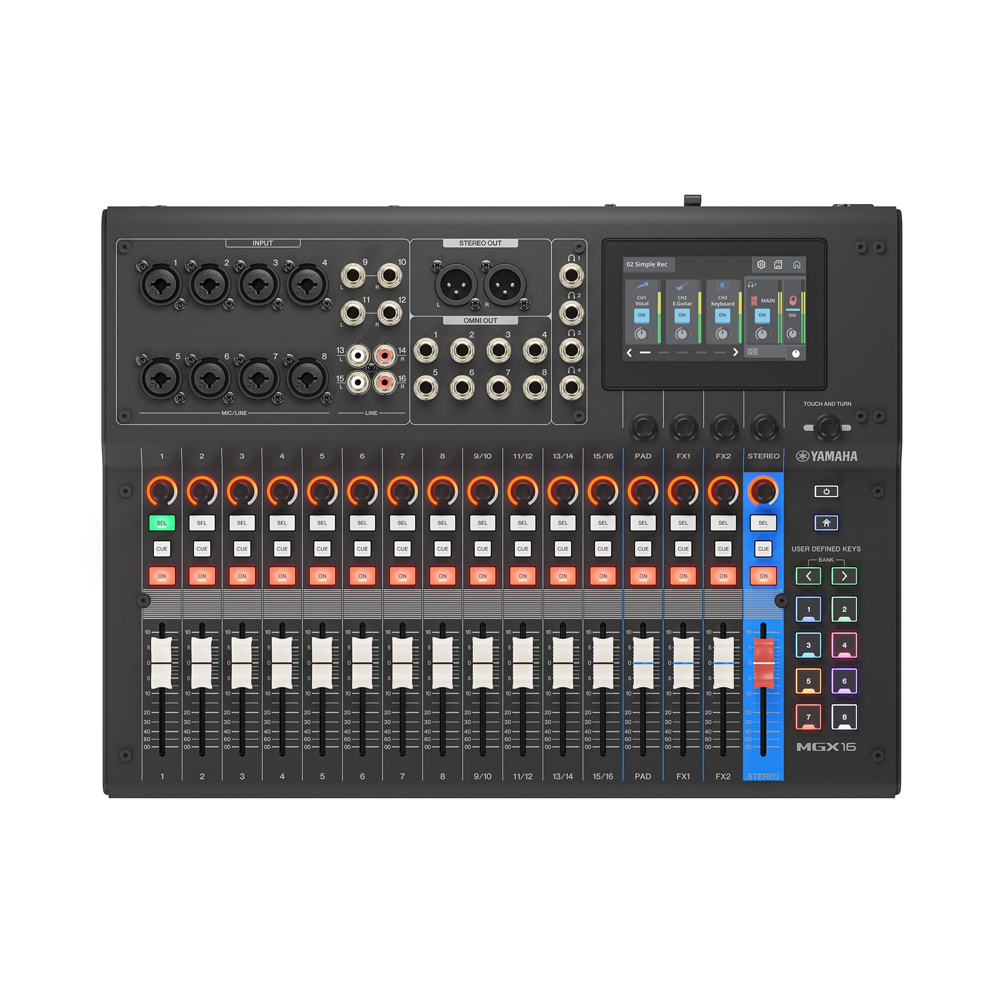 Black Yamaha MGX16 digital mixing console rear panel with ports and screen
