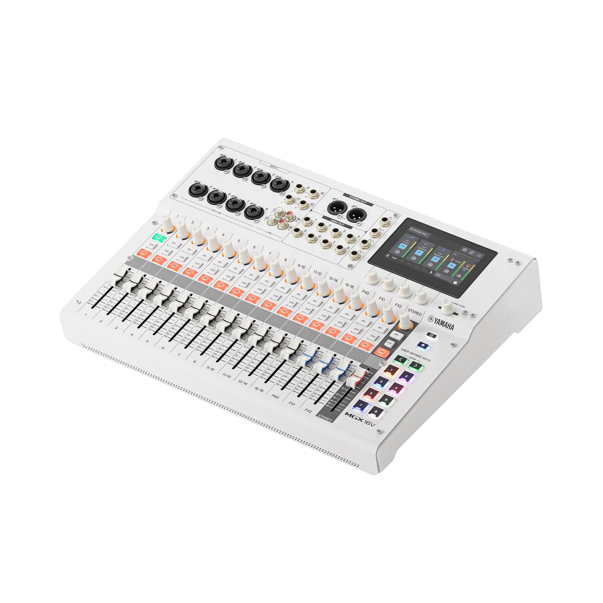 White MGX16V 22-channel digital mixing console top view with faders and touchscreen