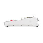 White MGX16V digital mixing console shown from the side with control knobs and ports