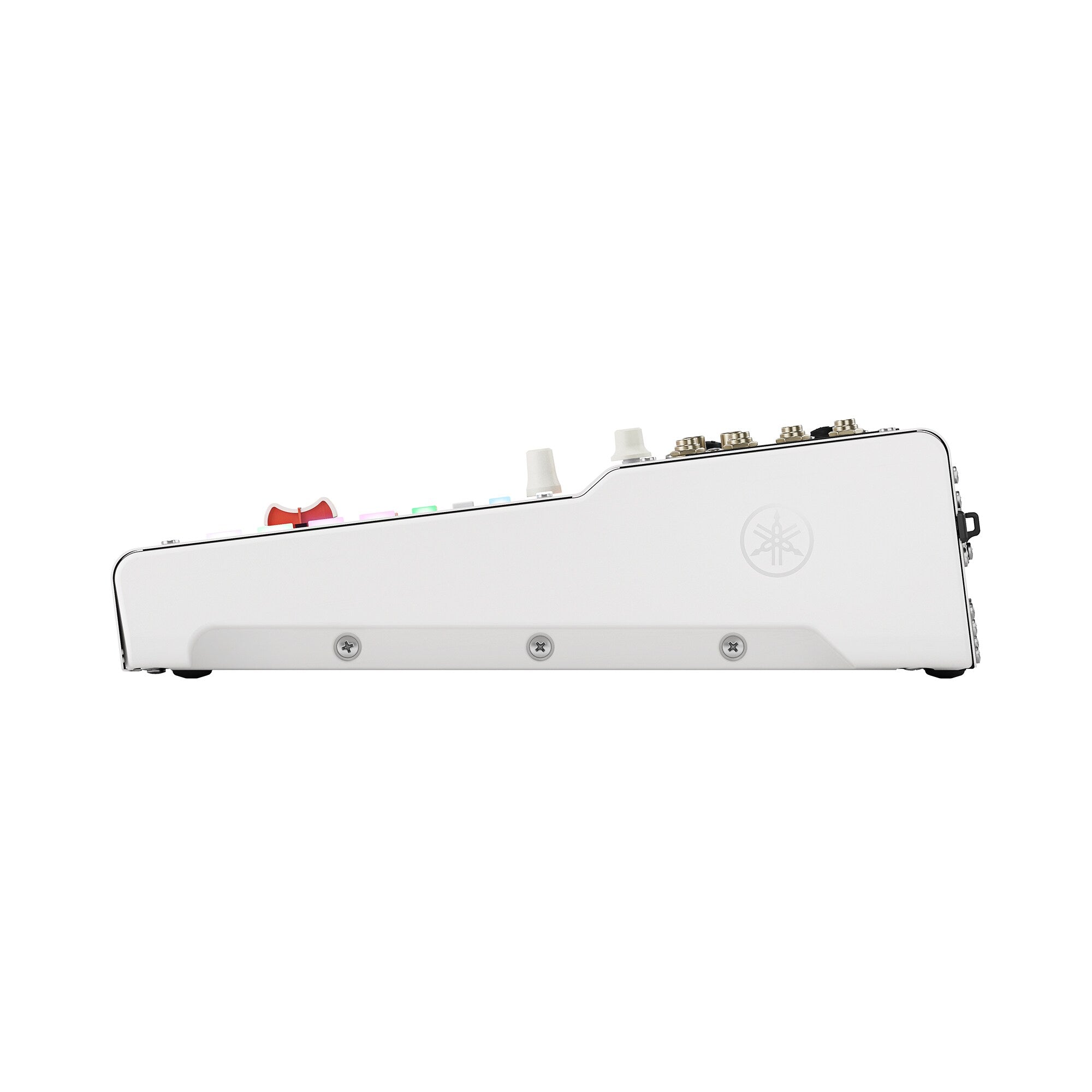White MGX16V digital mixing console shown from the side with control knobs and ports