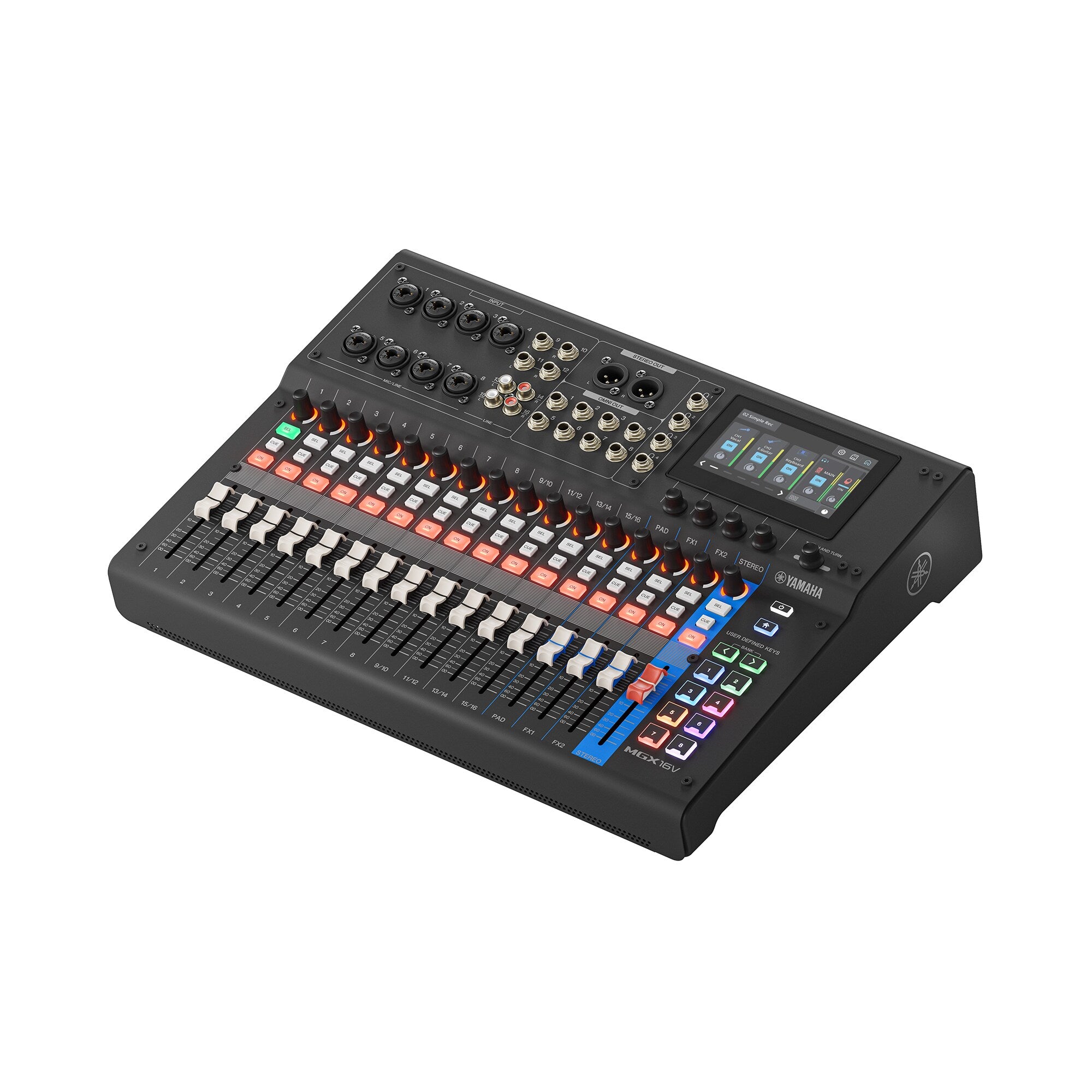 Black MGX16V digital mixing console angled view with faders, buttons, and screen