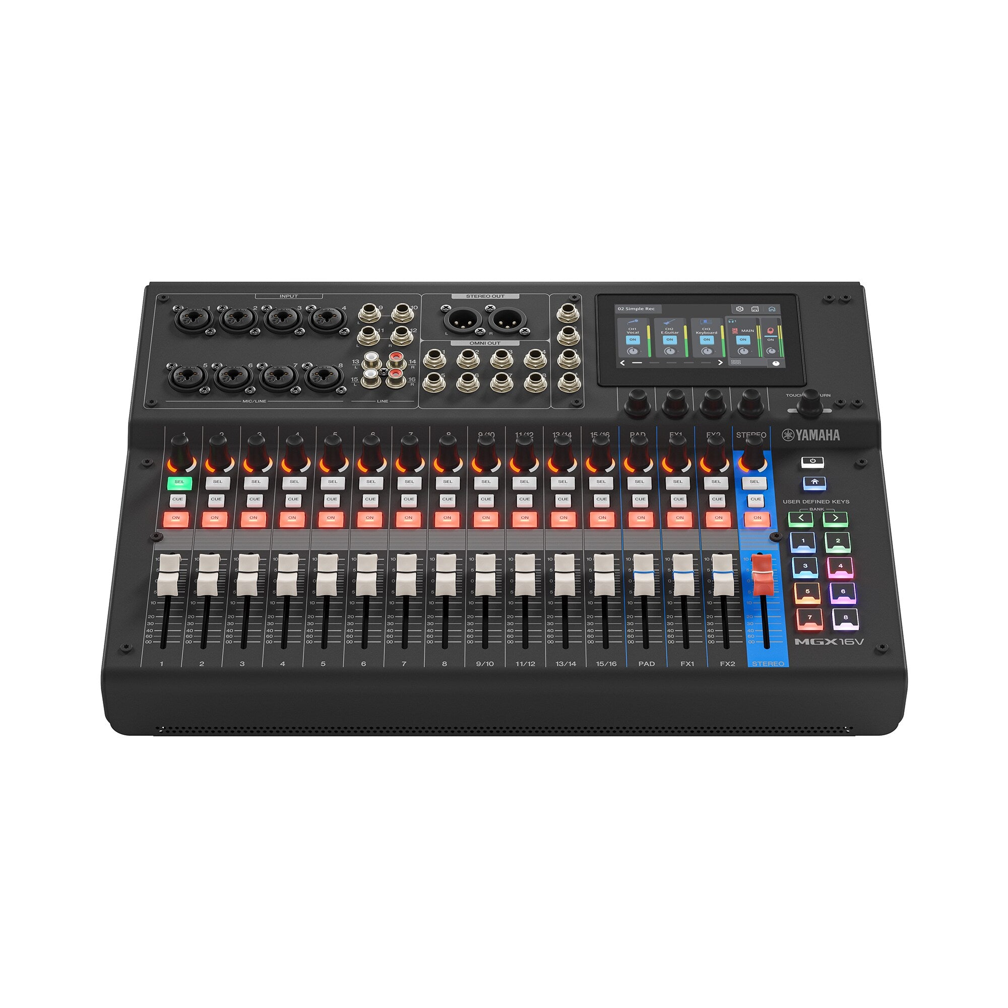 Black MGX16V digital mixing console top view with faders, buttons, and color display