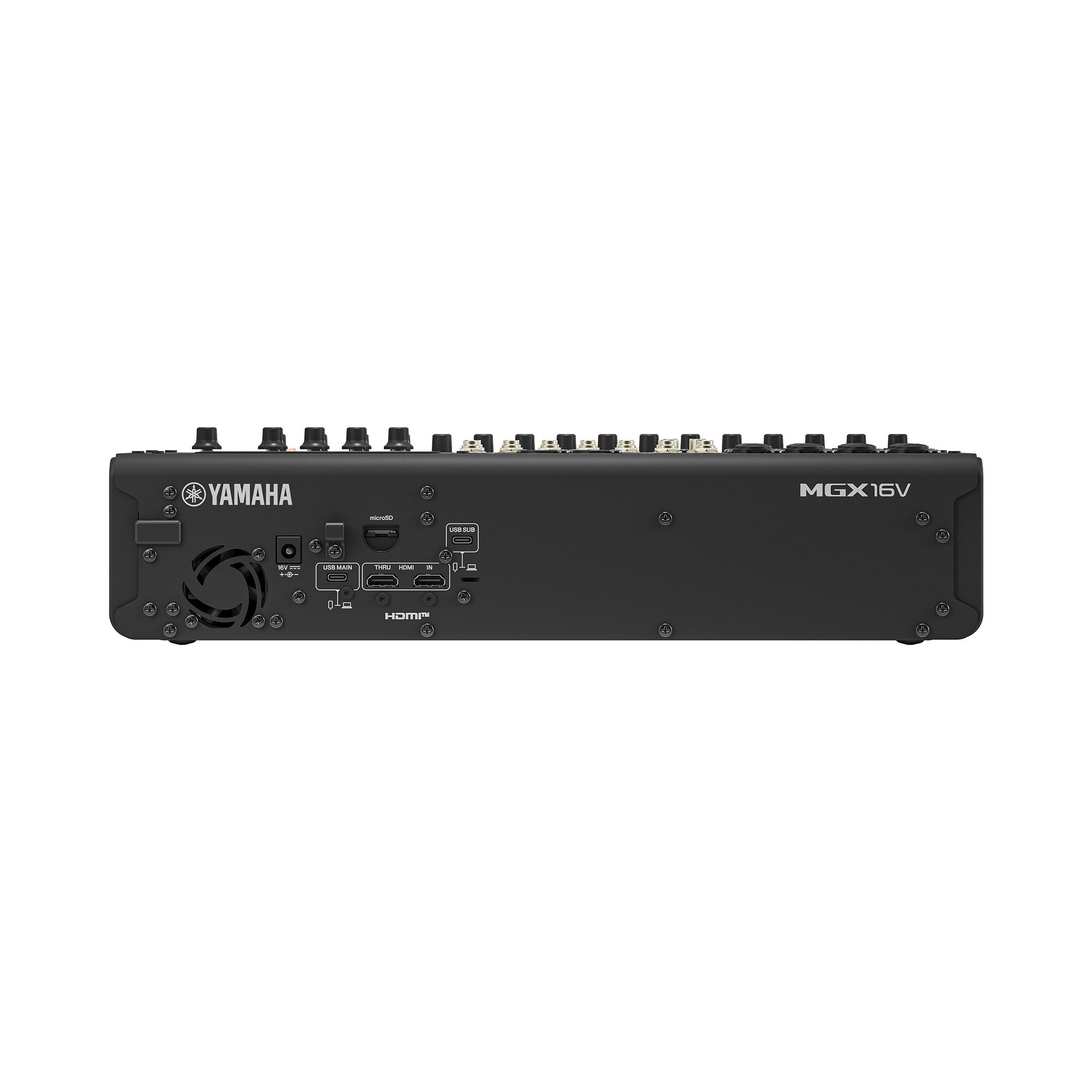 Black MGX16V 22-channel digital mixing console front panel with controls and ports