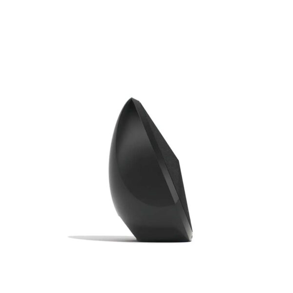 Black wireless speaker, angled side view with smooth body and front edge