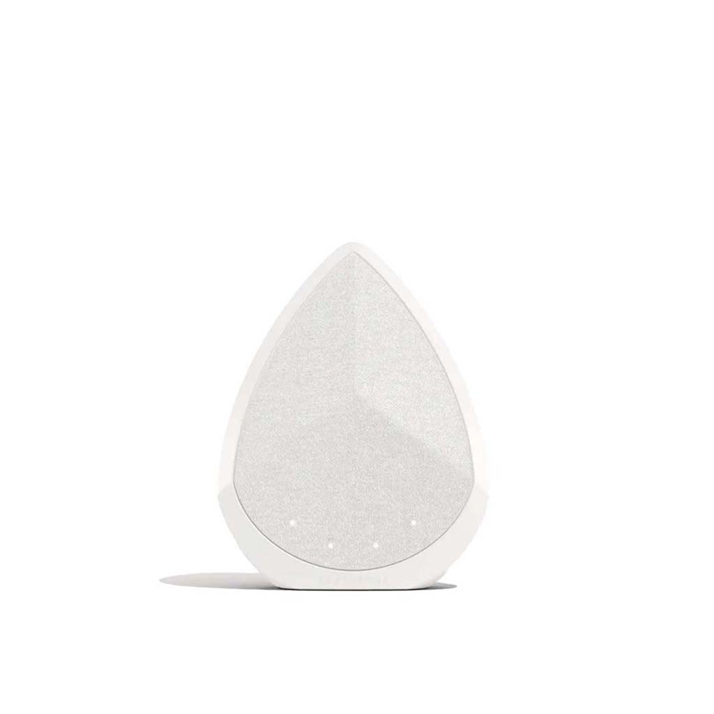 White wireless speaker, upright teardrop shape with light front grille dots