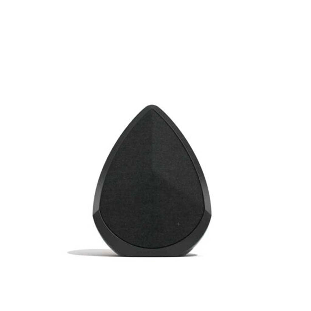 Black wireless speaker, upright teardrop shape with dark front grille