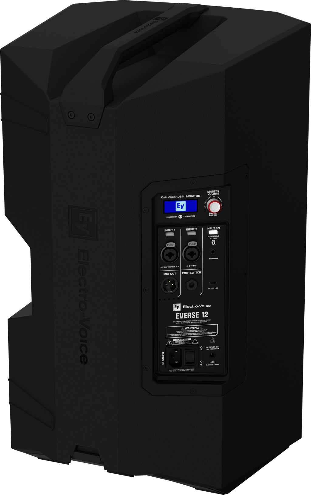 Black weatherized loudspeaker rear view showing control panel, ports, and LEDs.