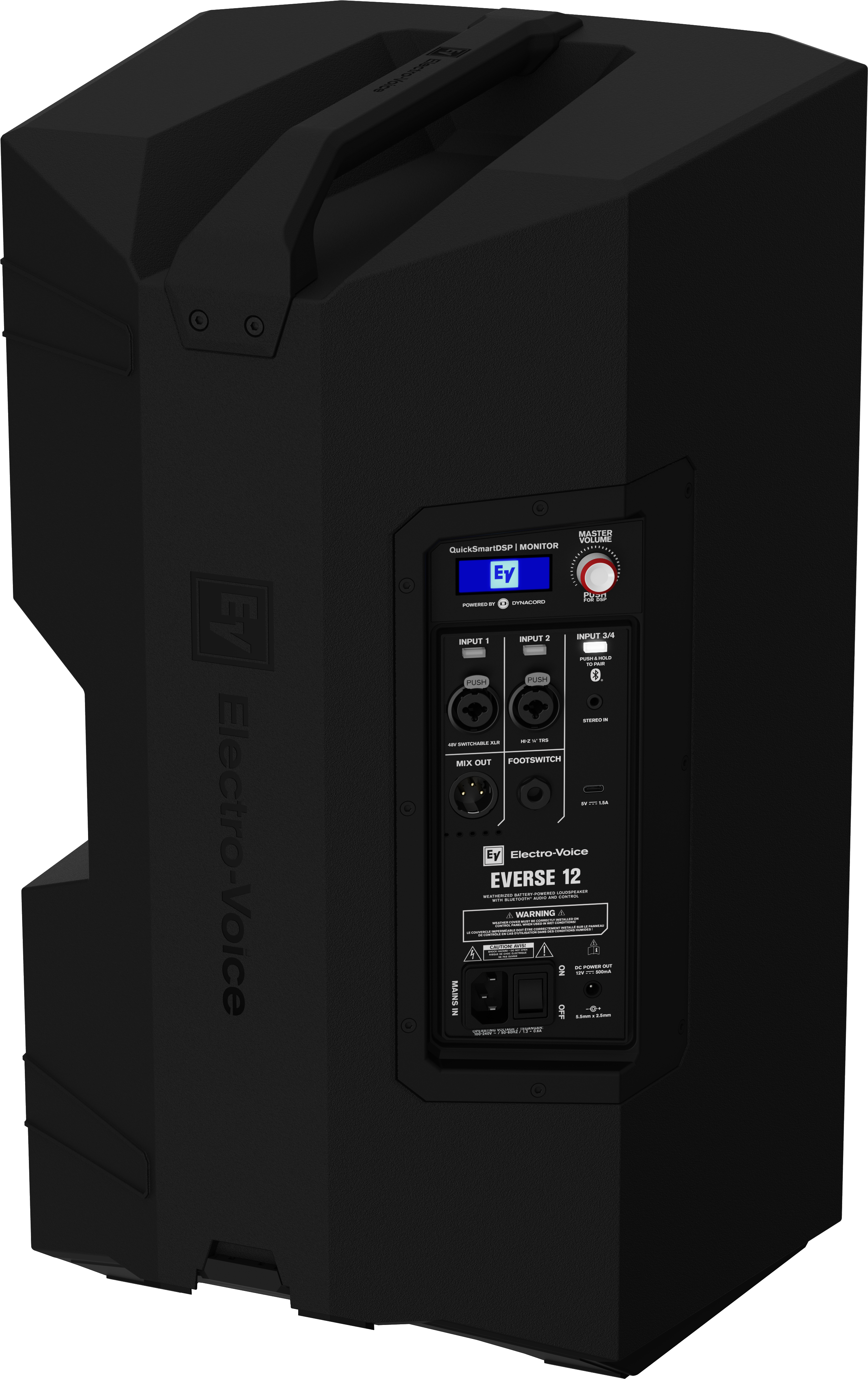 Black weatherized loudspeaker rear view showing control panel, ports, and LEDs.