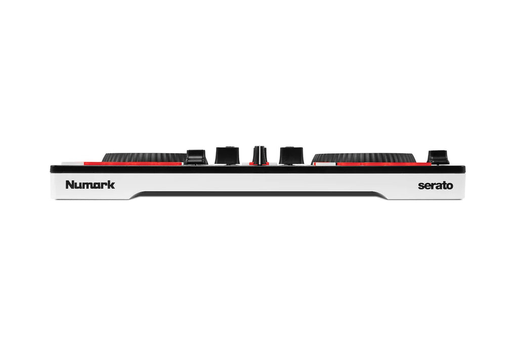 Numark DJ controller side profile with top knobs and a slim control panel