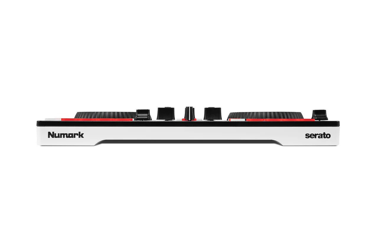 Numark DJ controller side profile with top knobs and a slim control panel