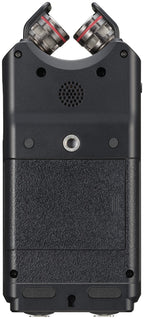 Portable four-track digital audio recorder with two mic capsules and black body.