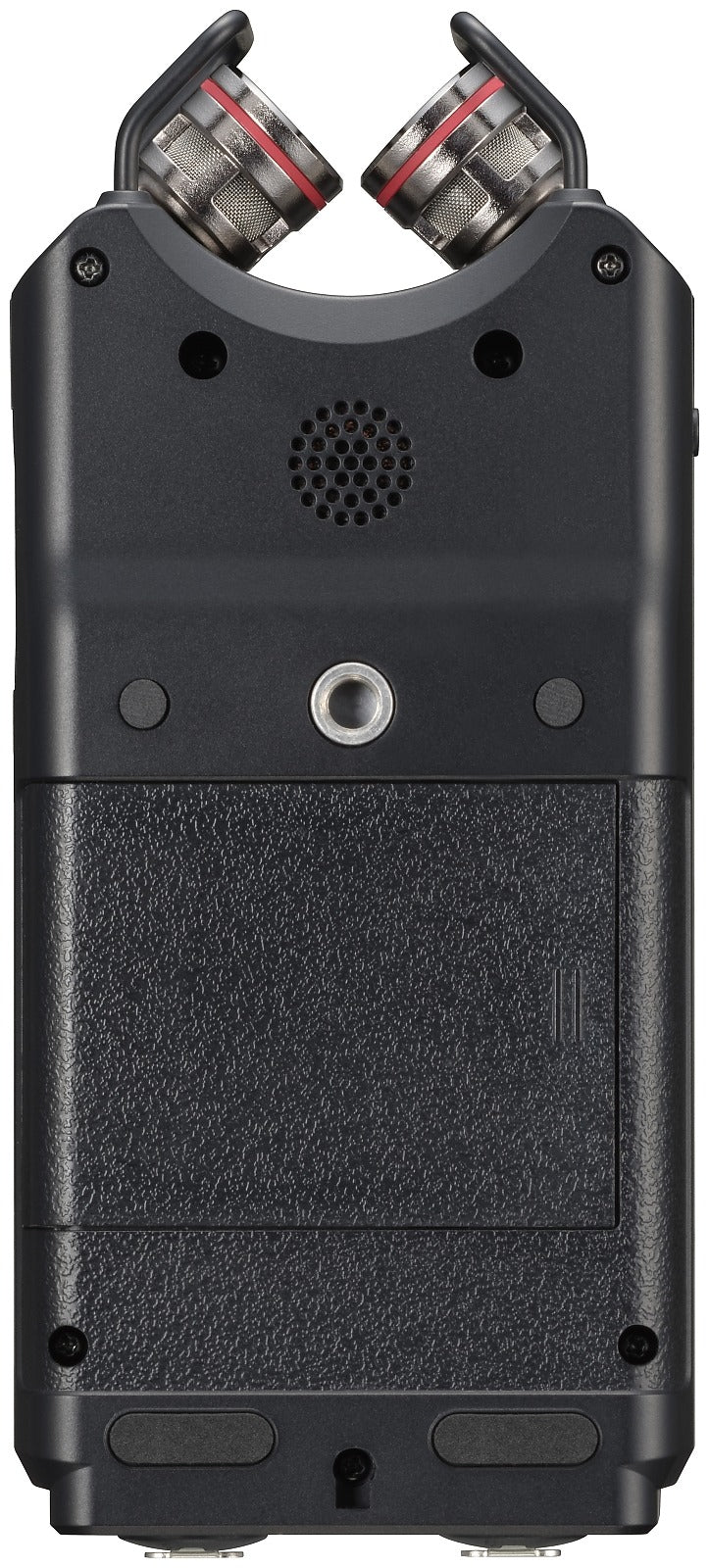 Portable four-track digital audio recorder with two mic capsules and black body.