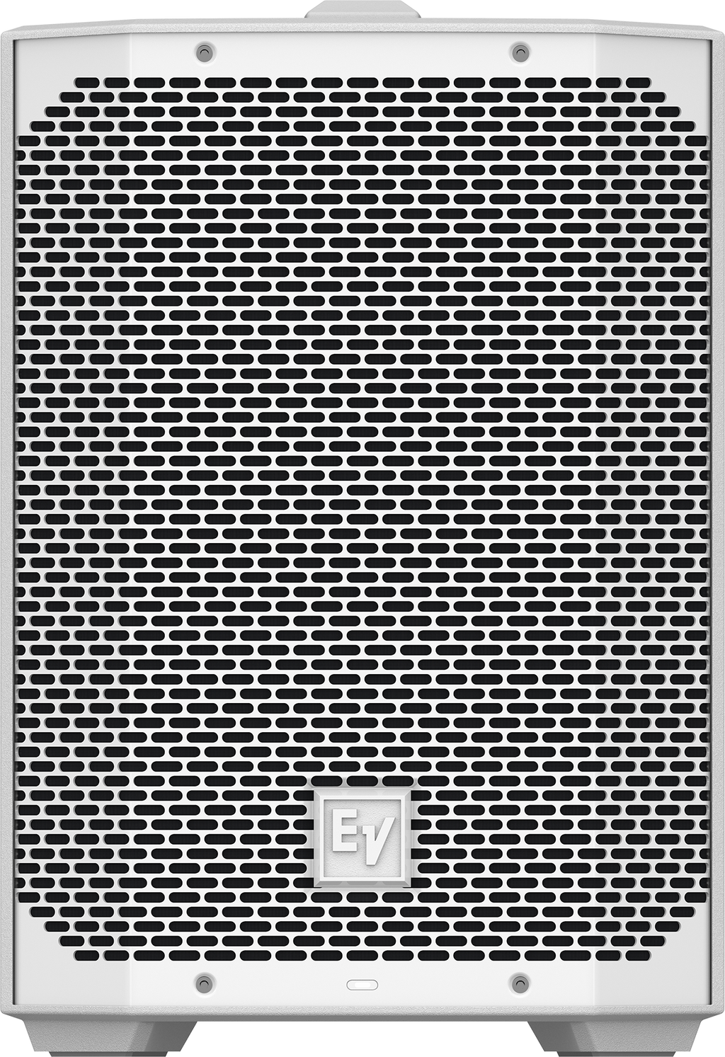 Black weatherized loudspeaker with front speaker grille and EV logo