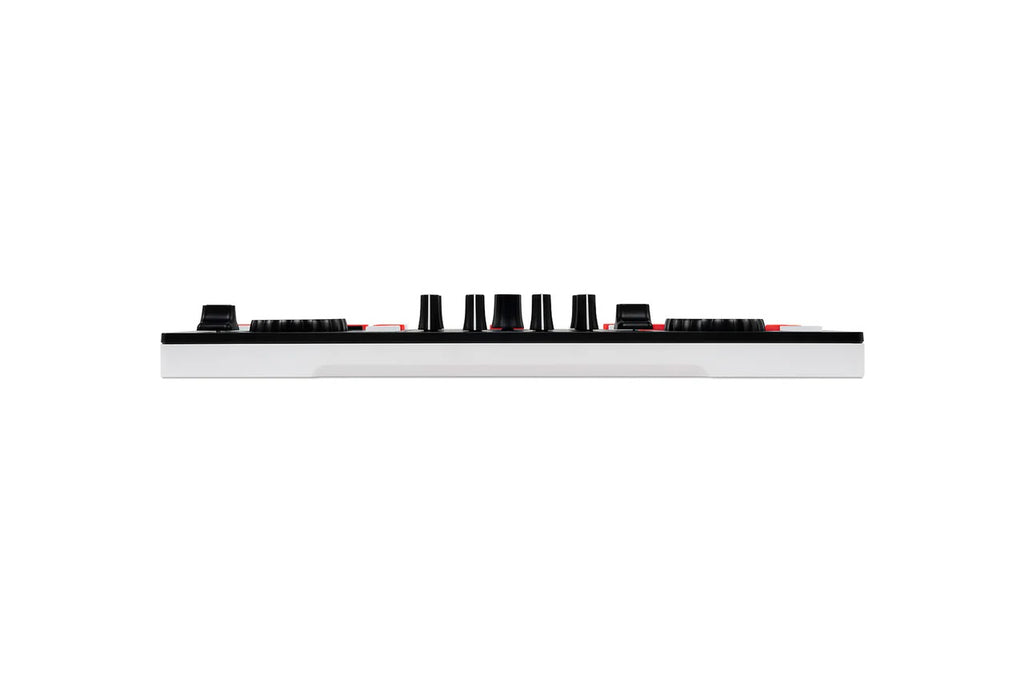 DJ mixer controller side profile with control strip and raised black knobs