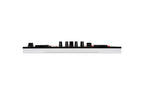 DJ mixer controller side profile with control strip and raised black knobs