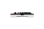 Compact DJ mixer controller with top row of knobs and faders, black and silver.