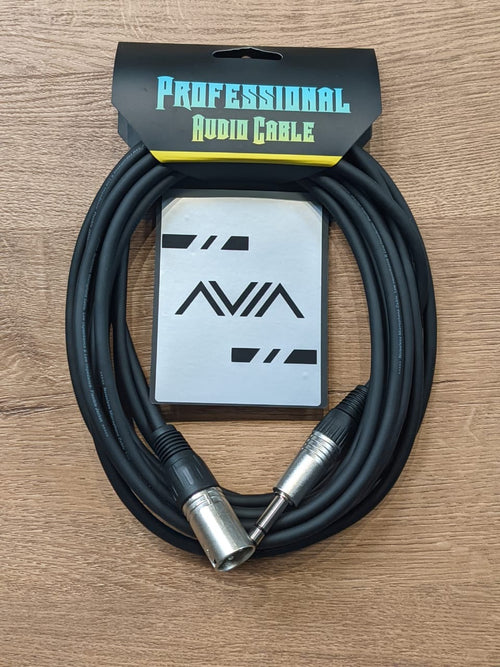 Coiled black audio cable with XLR and TRS male connectors, in retail bag packaging.