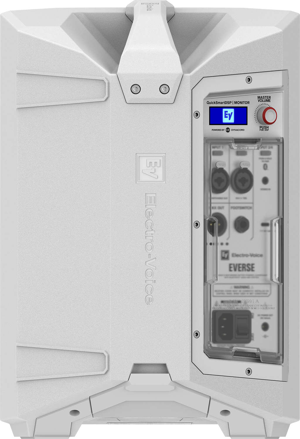 White weatherized loudspeaker back with Electronic Voice control panel
