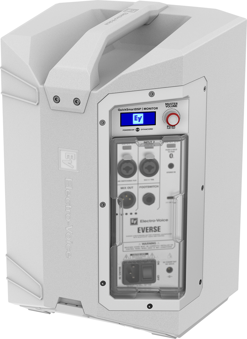 Weatherized portable loudspeaker rear connections panel, white