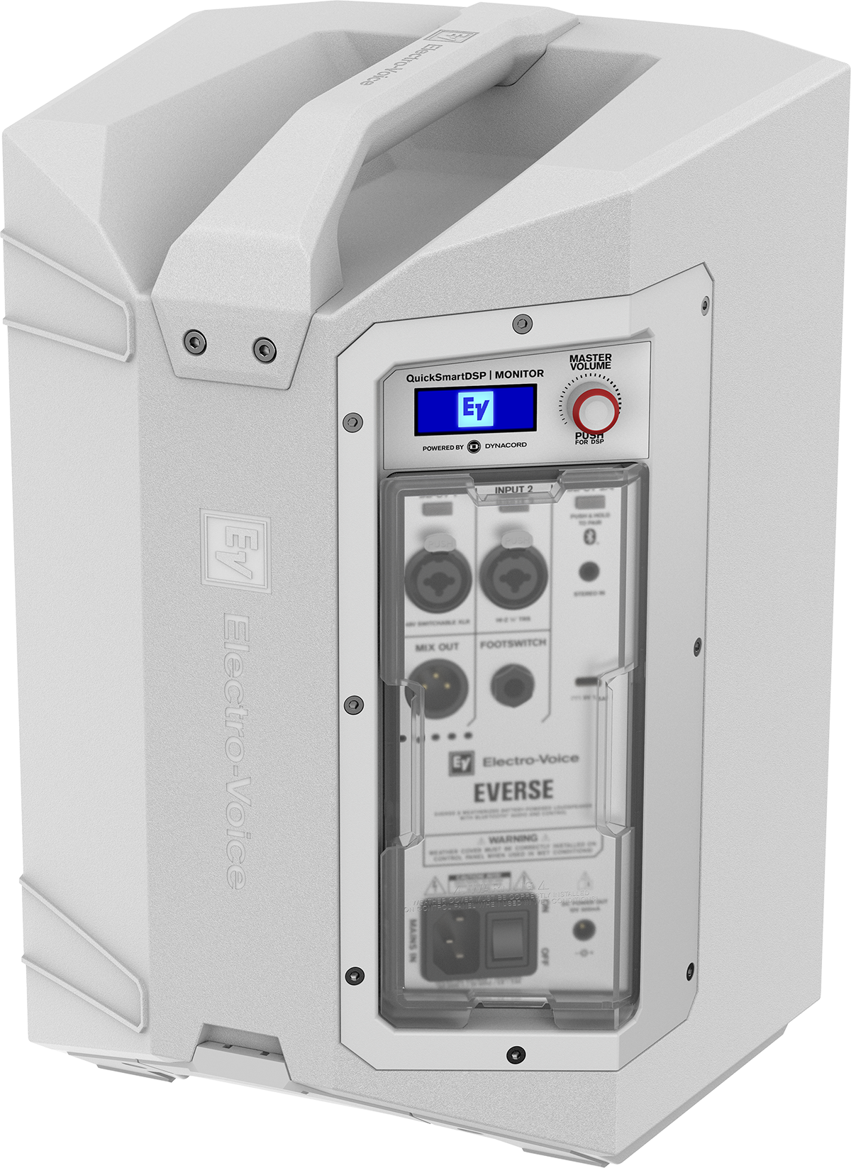 Weatherized portable loudspeaker rear connections panel, white